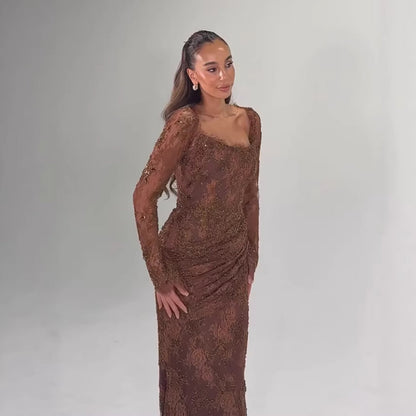 Elegant Brown Strapless Lace Beaded Mermaid Evening Dress MN73484
