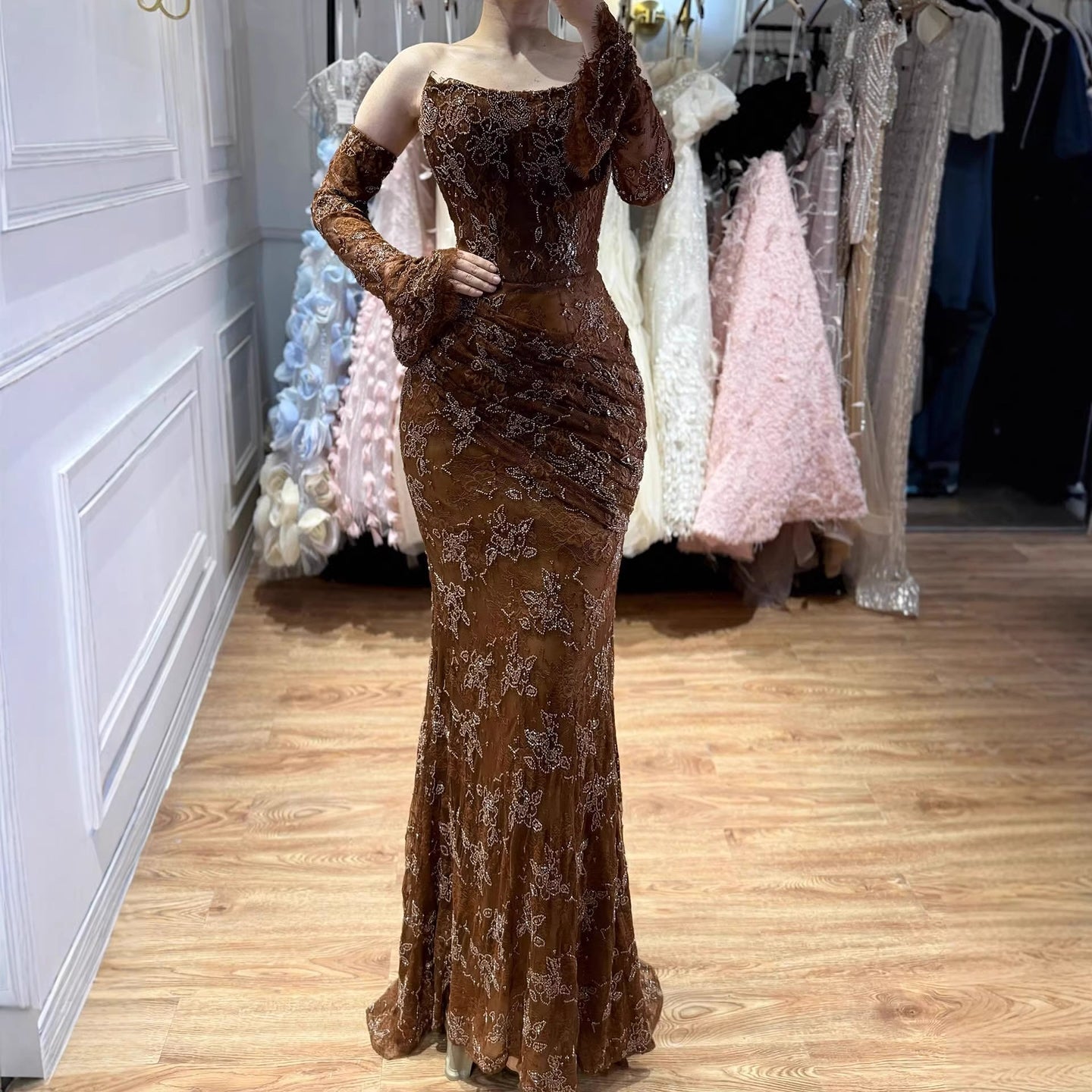 Elegant Brown Strapless Lace Beaded Mermaid Evening Dress MN73484