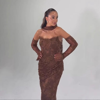 Elegant Brown Strapless Lace Beaded Mermaid Evening Dress MN73484