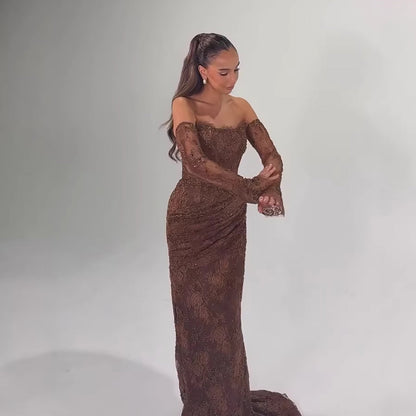 Elegant Brown Strapless Lace Beaded Mermaid Evening Dress MN73484