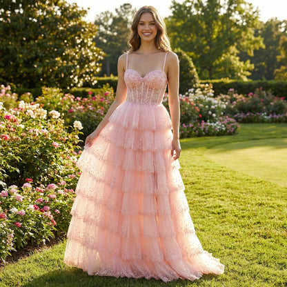 Peach Spaghetti Straps Beaded Flowy Prom Dress MN73619