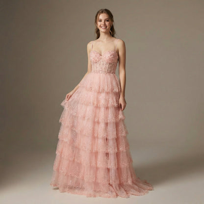 Peach Spaghetti Straps Beaded Flowy Prom Dress MN73619