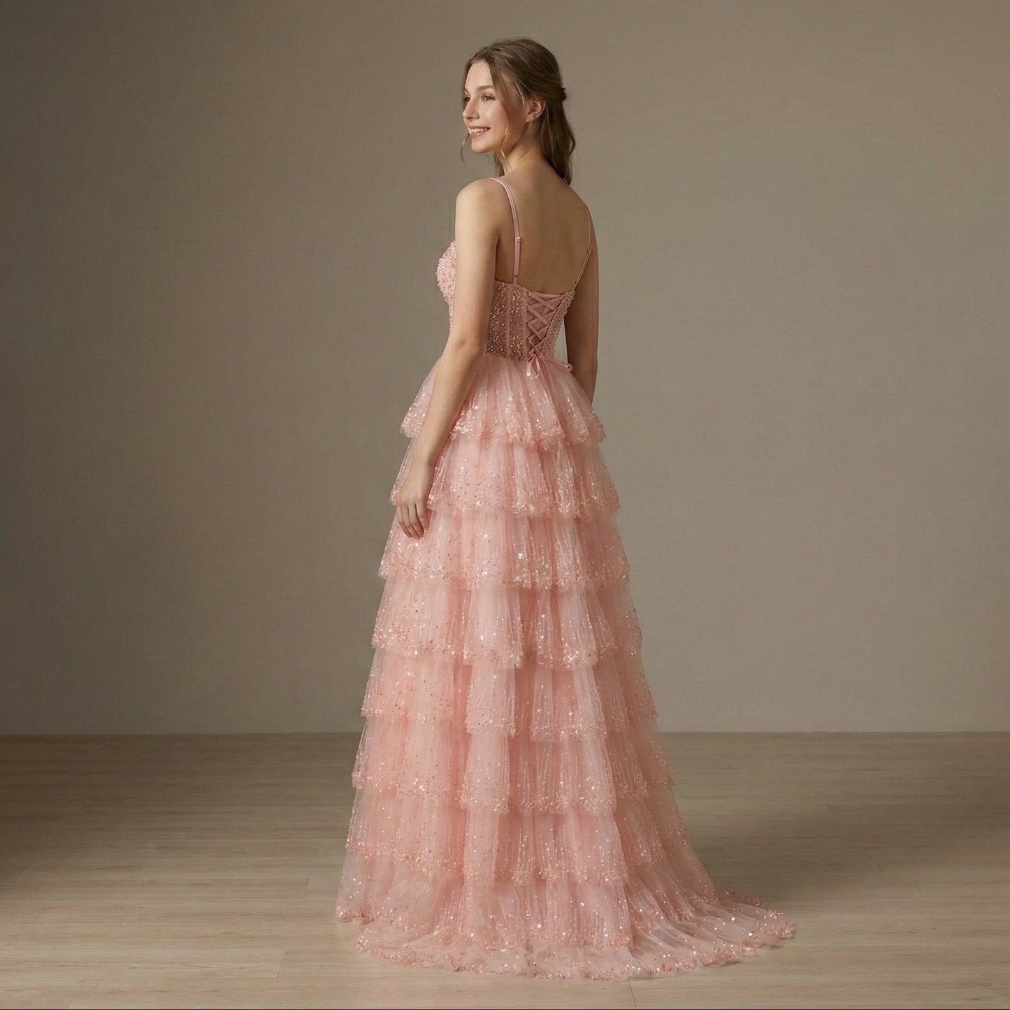 Peach Spaghetti Straps Beaded Flowy Prom Dress MN73619