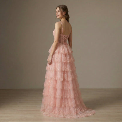 Peach Spaghetti Straps Beaded Flowy Prom Dress MN73619