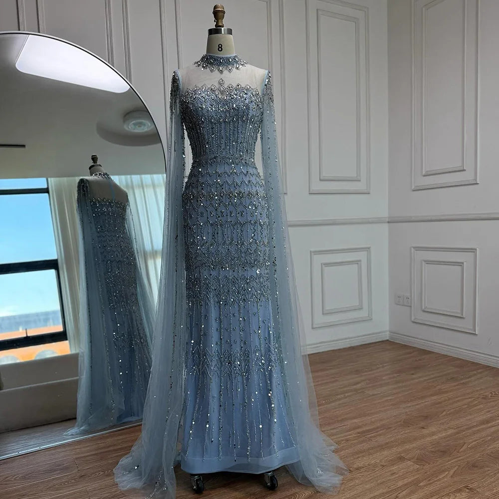 Nude Hand-Beading Evening Dress Cape Sleeve for Formal Night Wedding Party MN72714A