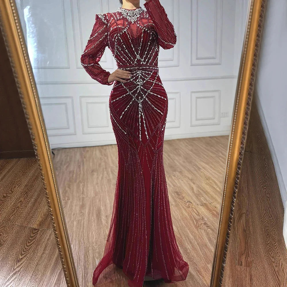Wine Red Modest Mermaid Beaded Evening Dress MN73203