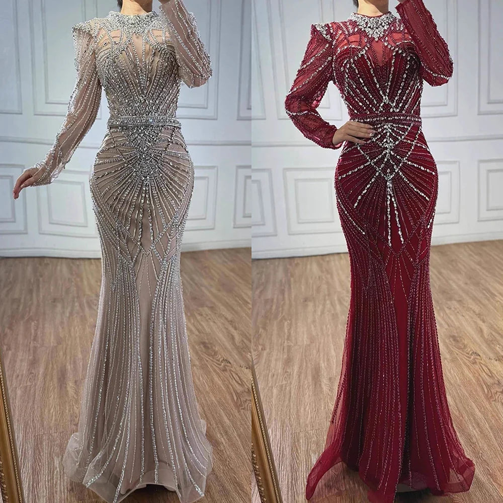 Wine Red Modest Mermaid Beaded Evening Dress MN73203