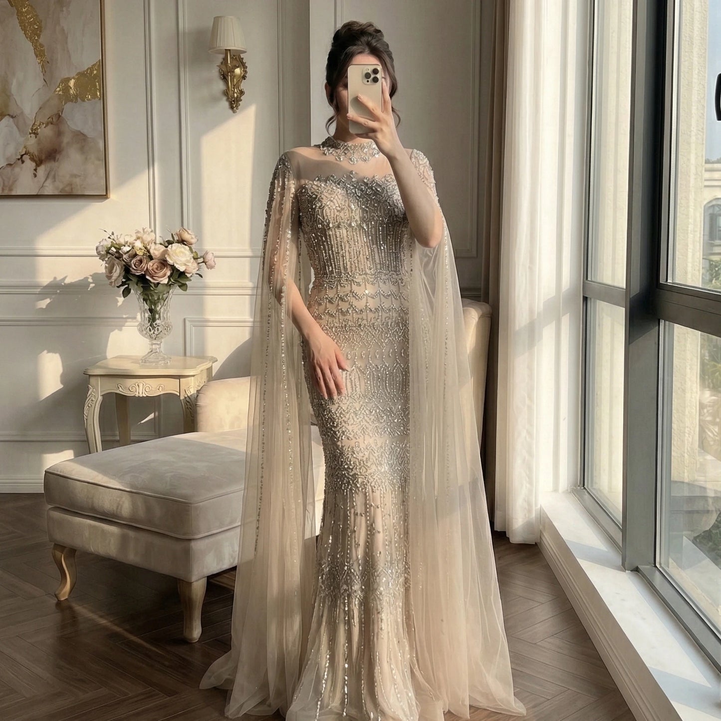 Nude Hand-Beading Evening Dress Cape Sleeve for Formal Night Wedding Party MN72714A