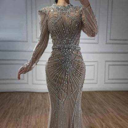 Wine Red Modest Mermaid Beaded Evening Dress MN73203