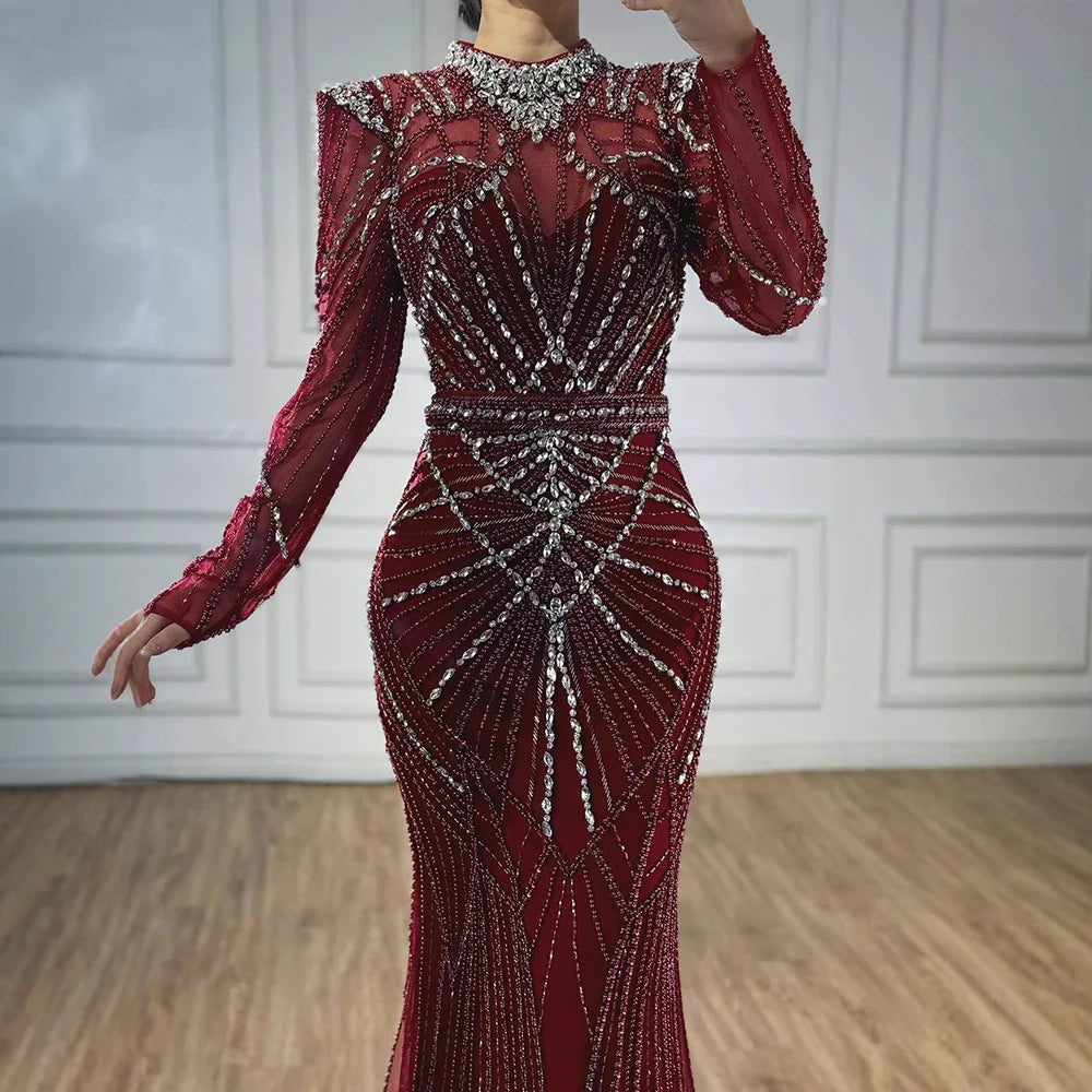 Wine Red Modest Mermaid Beaded Evening Dress MN73203