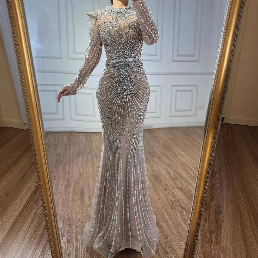 Wine Red Modest Mermaid Beaded Evening Dress MN73203