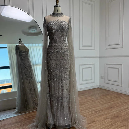 Nude Hand-Beading Evening Dress Cape Sleeve for Formal Night Wedding Party MN72714A