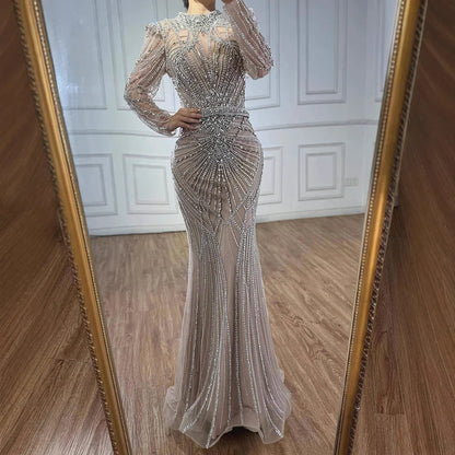 Wine Red Modest Mermaid Beaded Evening Dress MN73203