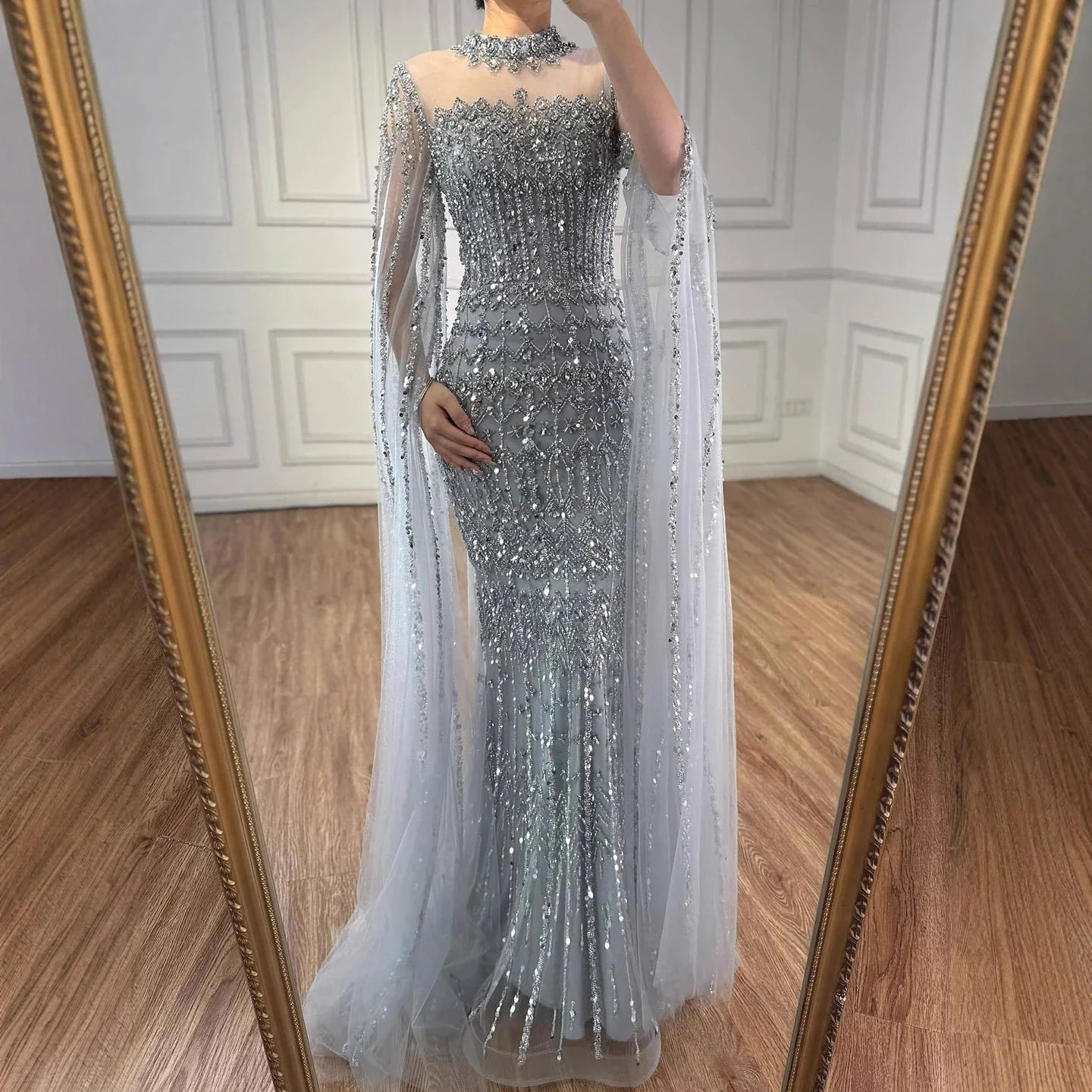Nude Hand-Beading Evening Dress Cape Sleeve for Formal Night Wedding Party MN72714A