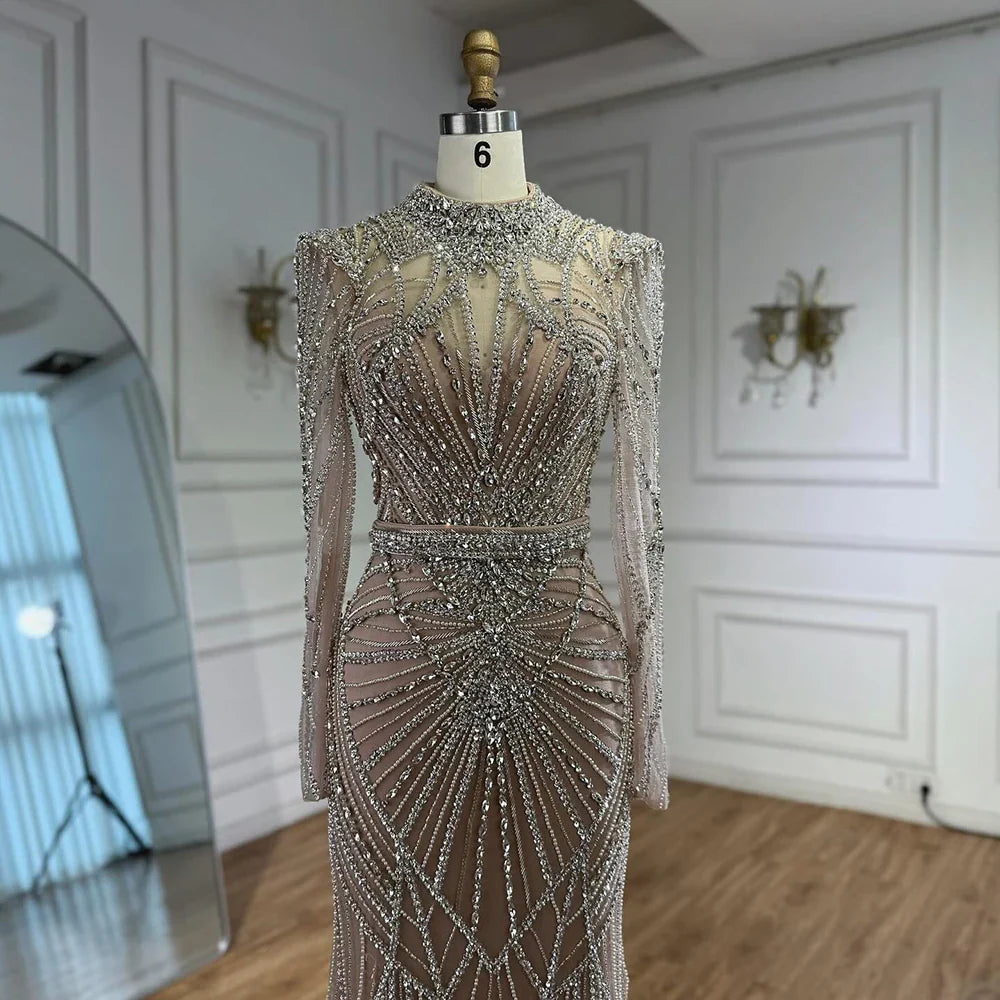 Wine Red Modest Mermaid Beaded Evening Dress MN73203