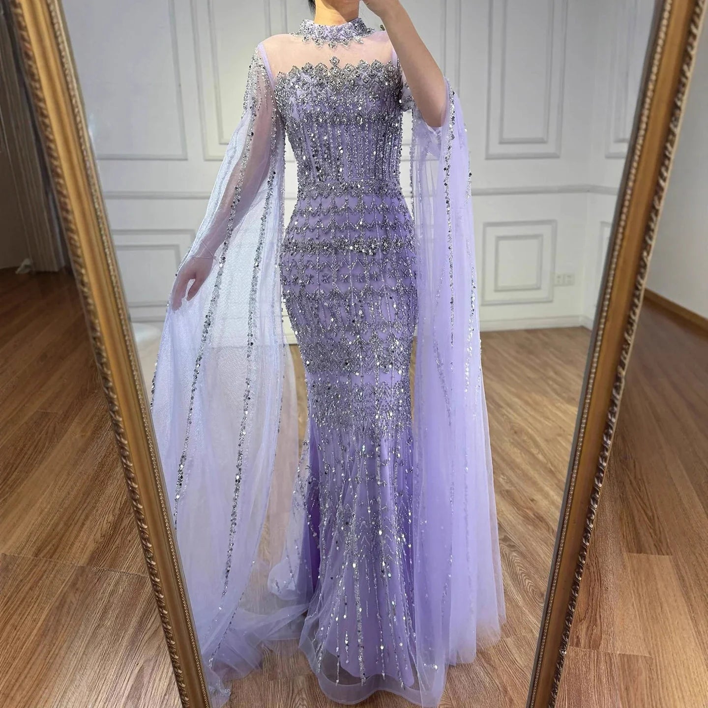 Nude Hand-Beading Evening Dress Cape Sleeve for Formal Night Wedding Party MN72714A