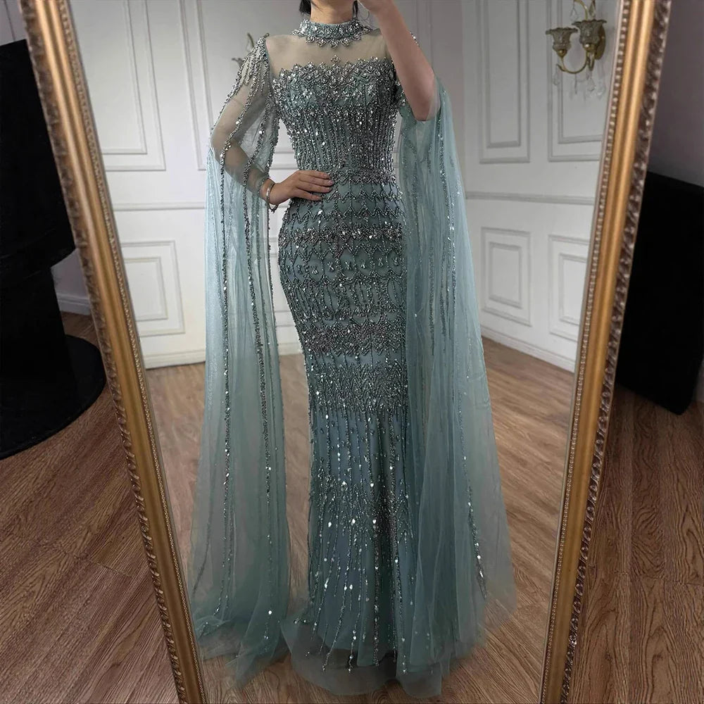 Nude Hand-Beading Evening Dress Cape Sleeve for Formal Night Wedding Party MN72714A