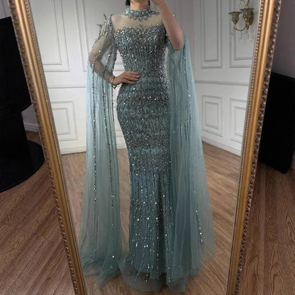 Nude Hand-Beading Evening Dress Cape Sleeve for Formal Night Wedding Party MN72714A